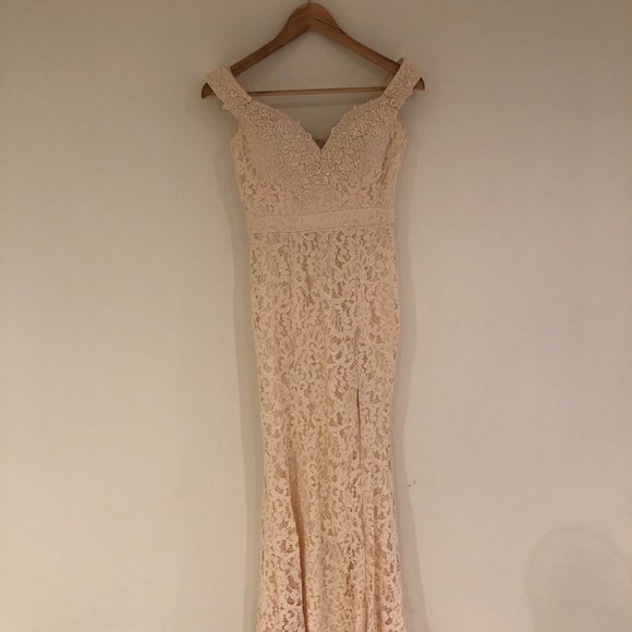Off-shoulder, lined, lace maxi dress (cream-coloured) SOLD - Picture 1 of 11